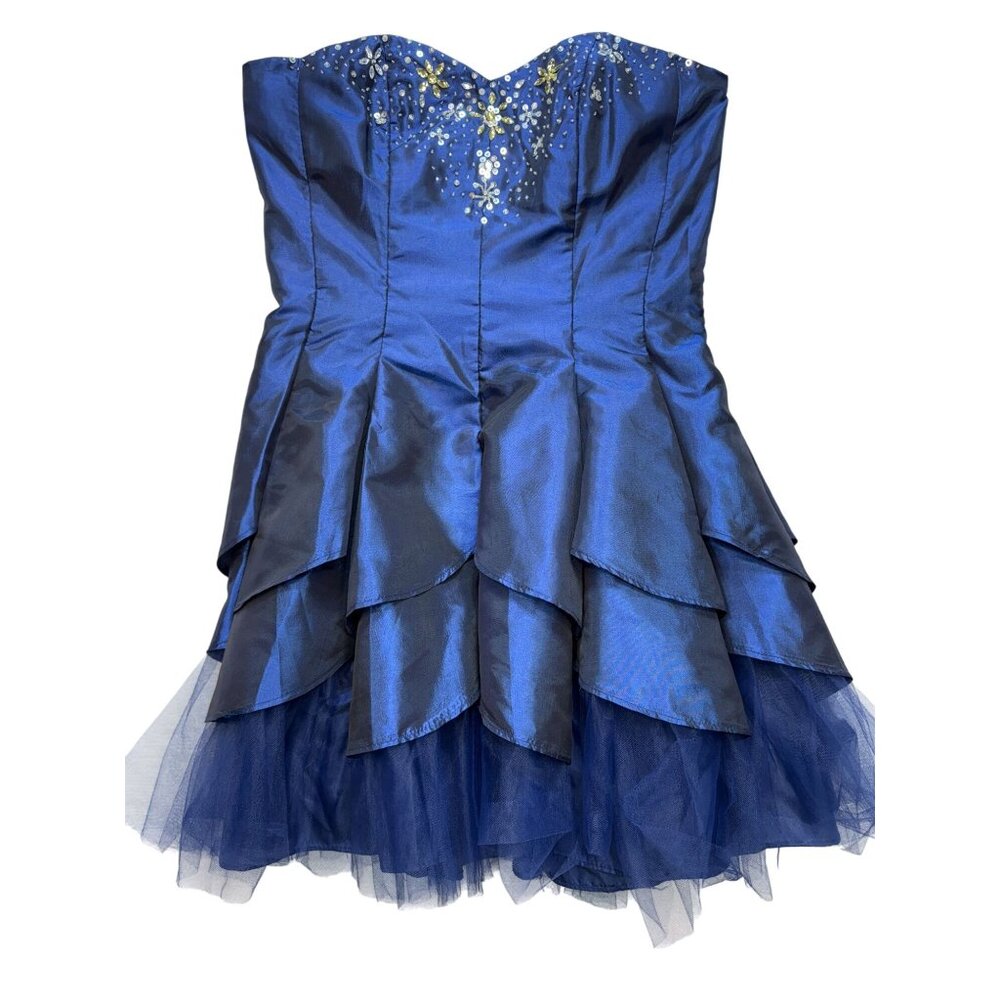Masquerade Ball Gown Cocktail Dress Juniors 13/14 Blue Strapless Beaded Tiered